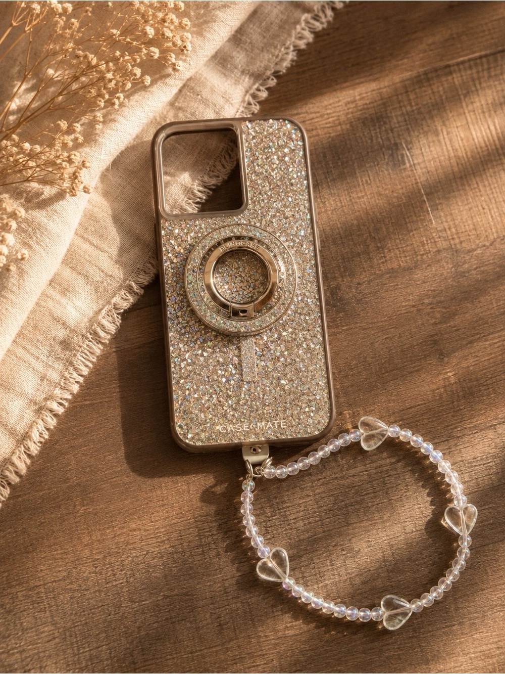 Glitter Ring Grip Phone Case with Beaded Heart Strap - Gold